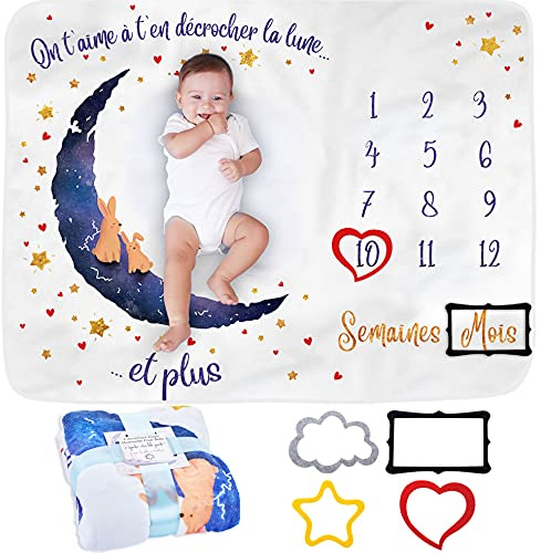 ODOXIA Couverture Etape Bébé en Français | Tapis Mois Bebe Garçon Ou Fille, Unisexe | Couverture Personnalisée Babyshower | Thème Lune | Douce et Épaisse Photo | Suivez Sa Croissance