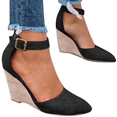 Onsoyours Sandalen Damen Keilabsatz Plateau Keilsandalen Frauen Sandaletten Keilabsatz Sommerschuhe Platform Bowknot Knöchelriemen Sandalen Freizeit Schuhe A Schwarz 38 EU
