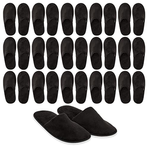 Juvale Disposable Slippers for Guests - Plush-Lined House, Indoor & Travel Slippers - Slip-Resistant Spa Shoes for Women & Men - 12 Pairs, Women 12/Men 11, Black