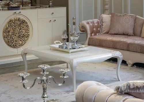Casa Padrino Luxus Barock Couchtisch Weiß/Beige 128 x 94 x H. 45 cm - Eleganter Massivholz Wohnzimmertisch im Barockstil - Barock Möbel