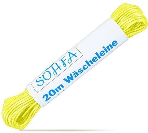 SOHFA 20m Wäscheleine in Gelb - Camping Wäscheleine | Robuste Reise-Wäscheleine für Wohnmobil, Camping, Haushalt und Garten | mit Polyesterkern und Kunststoffummantelung