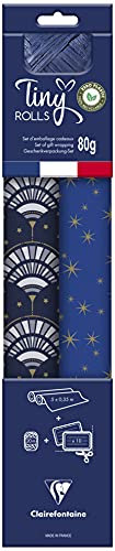 Clairefontaine 223892C - Kit D'emballage Cadeau Zéro Plastique - 2 Rouleaux Papier Cadeau Kraft Recyclé 5mx35cm - Bobine Ruban 20m + 10 Étiquettes Cadeaux A Découper - Bleu/Or - Emballage Responsable