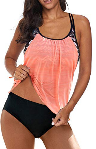 Aleumdr Damen Tankinis Bauchweg Frau Bademode Set Damen Badeanzug Tankini Set mit Dreieck Unterhosen Damen Push Up Badeanzüge Badebekleidung Zweiteiliger Bikini Set,Orange L