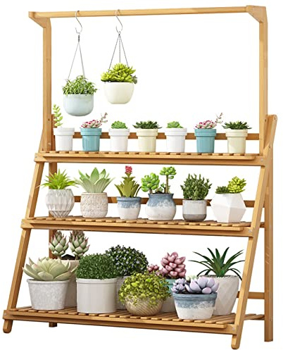 Flower Plant Stand Display Rack Bamboo 3 Tier Garden Shelves Folding Display Shelving Hanging Storage Organizer Rack for Home Garden Patio Balcony Indoor Outdoor Étagère À Plantes