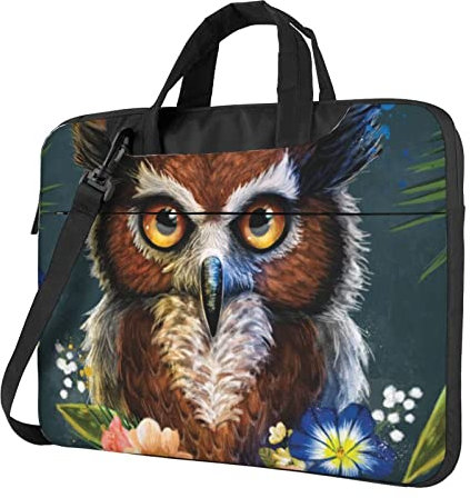 Laptoptasche mit Eulen-Aufdruck (33 - 35,6 cm) mit Schultergurt & Gepäckgurt Notebook-Schutzhülle - Wasserdicht Kratzfest Stoßfest, Schwarz , 14 inch