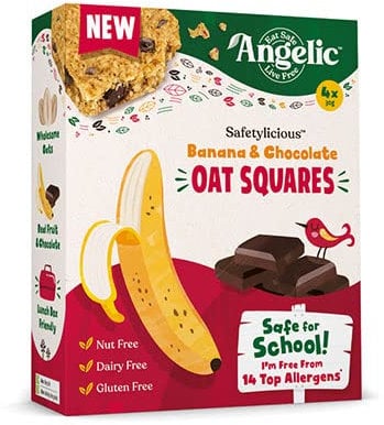 Angelic Free From 24 Bars Banana & Chocolate Oat Squares. Vegan Allergen Free Kids Snack Oat Bars For Snacks & Lunch Box. Nut, Gluten, Egg & Dairy Free Multipack Kids Snack Bars. (24 Bars x 30g)