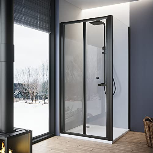 ELEGANT 1000 x 700 mm Black Bifold Shower Enclosure Screen Cubicle with Tray and Waste