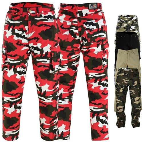 German Wear Motorradhose Herrren - Motorradjeans mit 2 CE-Protektoren - Bikerjeans futter aus Aramid-Kevlar-Stoff verstärkt - Cargohose rutsch- & brandfeste Jeanshose mit 6 Taschen Rot/Camo - 40W / 32