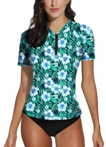 BesserBay Damen Rundhals Druck UV Shirt Flora Minze Kurzarm UPF 50+ Sonnenschutz 1/4 Zip Rash Guard L