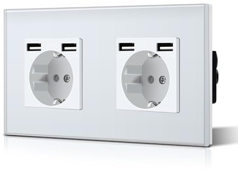 BSEED Enchufe de Pared con 2 USB,Enchufes Dobles Empotrados con Cristal,Toma de Corriente,Seguridad infantil,Fácil de Instalar,M Serie,2 Enchufes con 2 USB,157mm Blanco