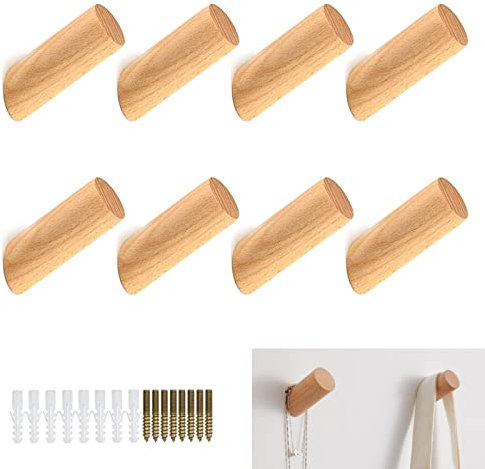 Nakutita 8 Stück Holzhaken Holz, Rund Holz Kleiderhaken, Kleiderhaken Garderobenhaken Wandhaken Garderobenhaken mit Schrauben, für Mützen, Rucksack, Schals, Kleidung