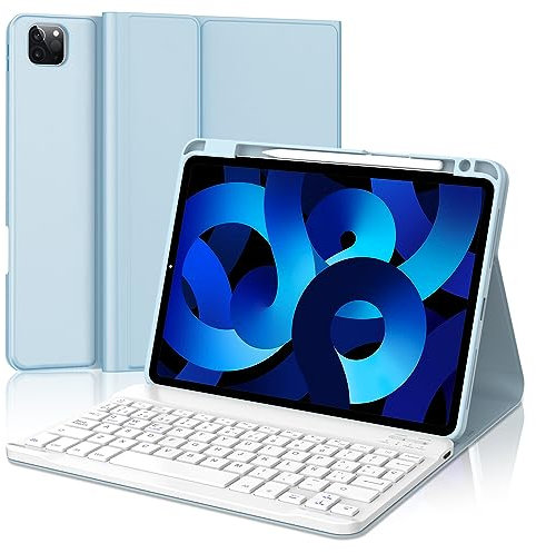 IVEOPPE Teclado iPad Air 5 Generación 2022, Teclado iPad Air 4 Generación 2020, Teclado iPad Pro 11 4/3/2/1 Gen, Funda Teclado Español Ñ Bluetooth para iPad Air 5/4 10.9/Pro 11 11, Azul Cielo