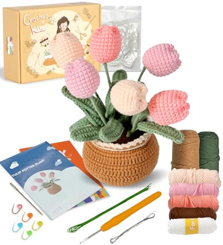 Ktmeor Häkelset für Anfänger, Häkel-Starter-Set mit Schritt-für-Schritt-Video-Tutorials, Häkelset für Erwachsene und Kinder, DIY-Strickzubehör, 40 % extra Übungsgarn, Tulpe