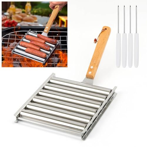 KAYCROWN Hot Dog Roller für Grill Edelstahl BBQ Hot Dog Grill Roller mit Holzgriff, Wurstwalze Rack für gleichmäßig gekochte Hot Dogs, 4 BBQ Spieße inklusive, 5 Hot Dog Kapazität, Klein
