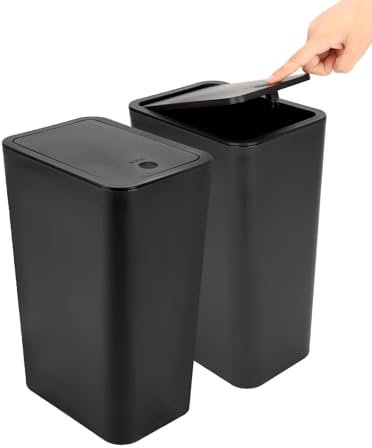 2Pack Kitchen Bin,10L Bathroom Bin with lid,Push Button Design,Plastic Bins for Toilet, Dog Proof,Ideal for Bathroom,Kitchen,Bedroom,Living Room,Office-Black Trash Bins