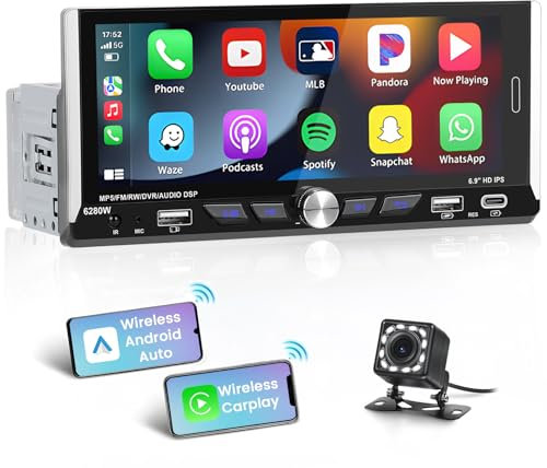 Newest 6.9 Inch Single Din Car Play Car Stereo for Wireless Apple Carplay & Android Auto Voice Control,Bluetooth 5.0,MirrorLink,Car Radio with Backup Camera,HD Touch Screen SWC/RDS/FM/2 USB/Type C/EQ