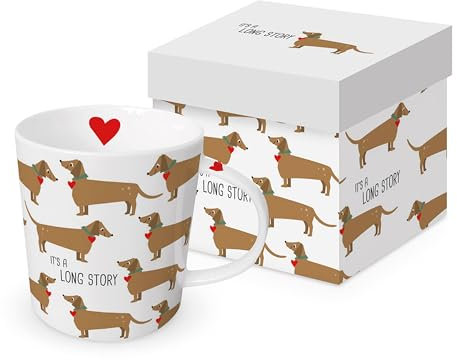 Tasse Tiere Lange Geschichte mit Dackel aus Porzellan im passenden Geschenkkarton. Motivtasse für den gedeckten Tisch und als Geschenk 0,4L x H9.7cm