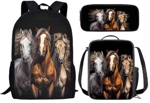 chaqlin 3 In 1 Schulrucksack für Jungen Mädchen Tier Pferd Druck Schultaschen Set mit Lunch Box Cover Stift Taschen Stift Fall für Kinder Teens Zurück zur Schule Buchtaschen mit Seitentasche