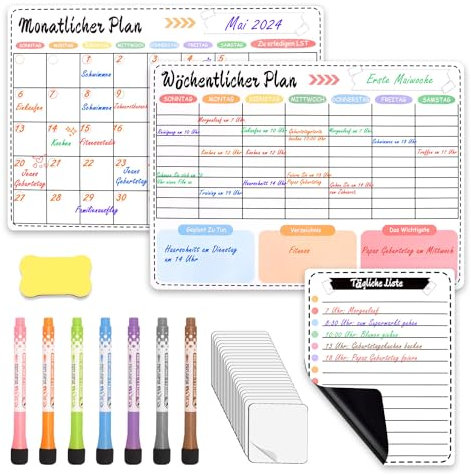 ZOLGINAH 3 Stück Wochenplaner Abwischbar Magnetisch Monatsplaner Abwischbar Tagesplaner, Whiteboard Kinder Haushaltsplaner Familienplaner Essensplaner Abwischbar mit 7x Markern, 1x Whiteboard Schwamm