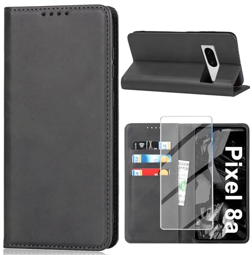Handyhülle für Google Pixel 8A Hülle mit Displayschutzfolie, Schutzhülle Pixel 8A PU Lederhüllen Wallet Kartenfach Standfunktion Stoßfest Klapphülle für Google 8A Flip Case Cover Tasche (Schwarz)