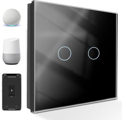 PANGTZEEN Smart WiFi Interruptor de luz 2 vías 1 vía 2,4 GHz Alexa Google Home Support Tuya APP Control por voz Vidrio Templado Marco táctil Interruptor de pared empotrado Negro (requiere cable
