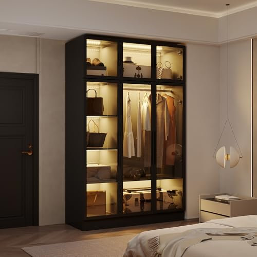 Caldion Kleiderschrank mit 3 LED-Beleuchtung, Glasschrank mit Kleiderstange, Aufbewahrungsschrank aus Hartglas, Glasvitrine mit 6 Türen, 8 Ablagen, Türrahmen aus Eisen, Schwarz, 120x48x190cm