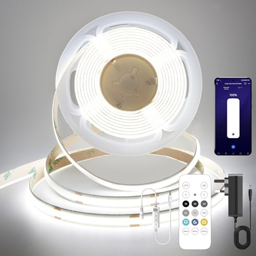 FUIQI Striscia LED COB 5 metri,striscia led cob bianco luce diurna 6000K,24V Smart app e telecomando Striscia LED dimmerabile,320LED/M,CRI>90, larghezza,adatto per camere da letto,cucine,armadi