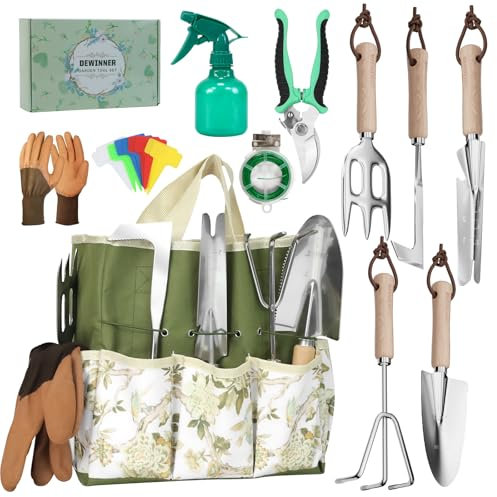 DEWINNER Garten Werkzeuge Set, 12 Stück Schwerlast Edelstahl Gartenarbeit Kit, Non-Slip Holzgriff, Mit Schaufelkelle, Rechen, Handschuh, Garten Geschenke Verpackung für Frauen Männer