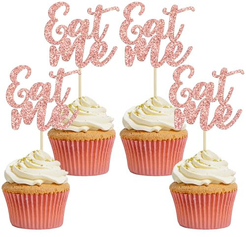 Ephlyn 24Pcs Wonderland Cupcake Toppers Glitter Eat Me Cupcake Picks Baby Shower Boys Girls Kids Birthday Alice in Wonderland Theme Party Cake Decorations Supplies Rose Gold