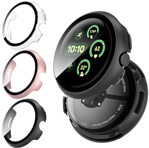 GCVSE 3 Stück Schutzhülle Kompatibel für Pixel Watch 3 Case 41mm, 360° Omni-Directional PC Case + Screen Protector, Ultradünne Anti Staub Anti Kratz Schutzhülle (Schwarz, Rosengold, Durchsichtig)