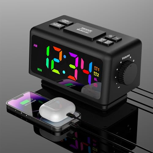 Digitaler Wecker, Digital Radiowecker mit 2 Weckzeiten, RGB-Farbiger Wecker für Schlafzimmer,FM Radio mit Wochentag, mit Timer,Kompaktuhr für Nachttisch,USB Ladeausgang und Nachtlicht (Schwarz)