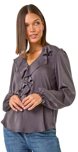 Roman Originals Ruffle Front V-Neck Satin Blouse for Women UK - Ladies Everyday Autumn Winter V-Neckline Comfy Soft Evening Vacation Work Party Night Out - Grey - Size 18