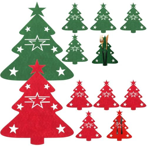 Porta Cubiertos de Fieltro Navideño, 12 Piezas Rojo Verde Cuchillo Tenedor Cuchara Vajilla Porta Cubiertos, Porta Cubiertos de Mesa, Decoraciones Navideñas, para Decoraciones de Mesa Navideñas