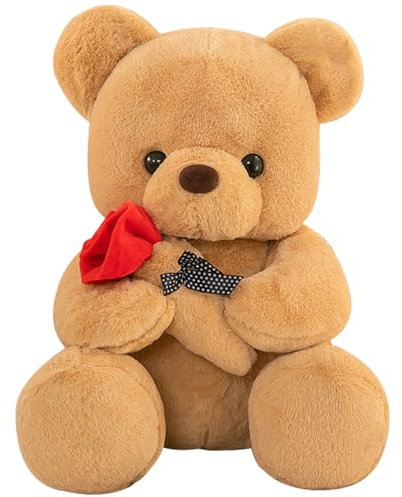 DHINCHANSAIB Cadeaux de la Saint-Valentin pour enfants - Ours en peluche avec rose, 25 cm, jouet doux pour les anniversaires et la Saint-Valentin, parfait pour les couples et les amis (marron)