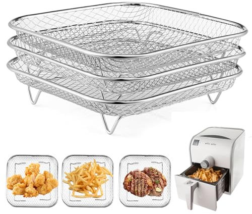 20,3 cm quadratisches Luftfritteusen-Gestell, 3er-Set, stapelbar, mehrschichtiges Edelstahl-Dörrgerät, quadratisches Airfryer Zubehör für Cosori, Instant Vortex, Nuwave Air Fryer, Ninja Foodi Grill