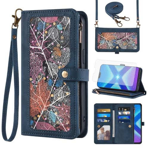 Asuwish Funda para Huawei Honor 8X/View 10 Lite, funda con cinta protectora de pantalla, tarjetero, plegable, piel, monedero, soporte hawaiano Honor8X 5G JSN-L21, funda para teléfono móvil, color azul