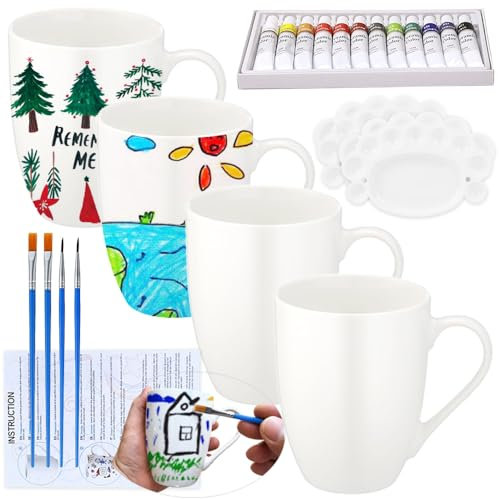 LOZACHE DIY Keramik Tassen Bemalen Set – 4 Tassen zum Selbstgestalten mit 12 Farben, Pinseln & Zubehör – Personalisierbares Bastelset für Erwachsene – Kreatives Geschenk zum Bemalen