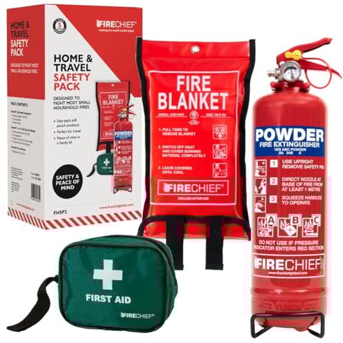 Firechief Travel Safety Kit - Home Fire Safety Pack - Caravan and Campervan Essentials - 1kg Powder Extinguisher Fire Blanket First Aid Kit - Car Essentials - Home & Travel Accessories Emergency Pack
