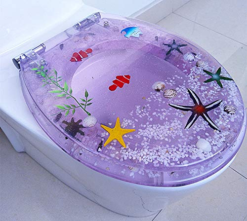 YIHANWUU Asiento de Inodoro de Resina Transparente con Conchas Y Arenas Reales, Antibacteriano, Ajustable, con Bisagra de Acero Inoxidable, Tapa de Inodoro, Cierre Suave Y Lento, Montaje Superior, For