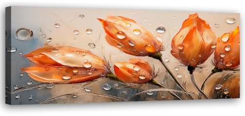 Feeby Wandbild - Wohnzimmer Modern Deko - Tulpen Blumen Orange Tautropfen - 100x40 1tlg - Bilder Leinwand - Bild auf Leinwand Schlafzimmer - Leinwandbilder für die Wand - Canvas Painting - Fotokunst