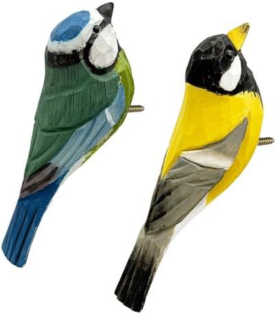 2 Wandhaken Garderobehaken Kleiderhaken aus Holz zum Einschrauben, Kohlmeise/Blaumeise, handgearbeitet, Kleiderhaken für Jungen & Mädchen | Wandgarderobe Kinder Tiermotive Deko, 12x7x7 cm, inkl. Dübel