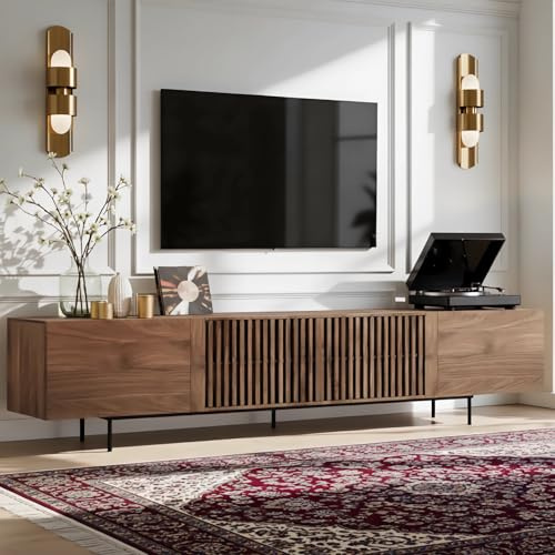 TFFCIC Walnut Long TV Unit Stand for Living Room 65-100 Inch TVs 240cm | 6 Spacious Storage, Soft-Close Doors, Floor Standing, Supports up to 150 lbs, Cable Management, Mid-Century Modern