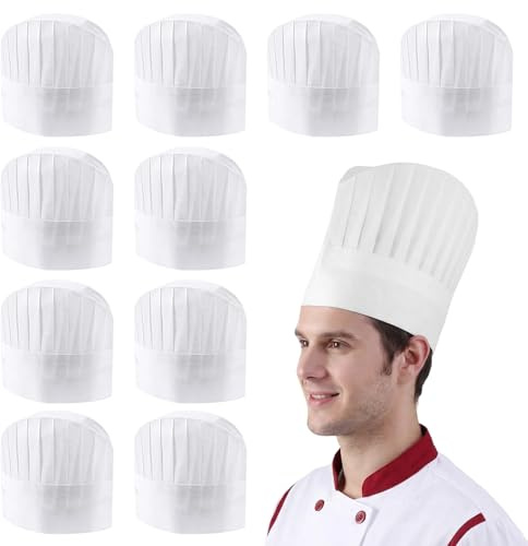 Gykutix 10 Piezas Gorro de Chef Desechable, Gorro de Cocina de Un Solo Uso, Sombrero de Cocinero Profesional, Blanco, Gorro de Panadero, No Tejido, Ajustable Para Cocina, Hogar, Restaurante, Catering