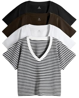 THE SET Damen Schwere Kurzarm-T-Shirts mit V-Ausschnitt, 4er-Pack