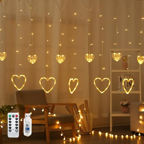 TETSMG Lichtervorhang Herz, Valentinstag Deko Herz Lichtervorhang Innen, Lichterketten Vorhang USB 8 Modi, Romantische Herzn Lichterkette Vorhang mit Timer für Frühling Valentinstag Zimmer Deko