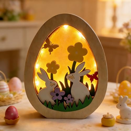 Kertaym LED Osterhasen Figuren, Holz Osterhase Deko, Osterdeko Holz Für Wohnzimmer & Tisch, Frühlingsdeko Innen, Osterdeko LED für Frühlingsfest Party Dekoration (B)