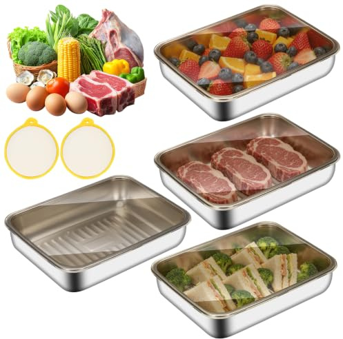 ZUYIST Set mit 4 Aufschnittbox Fresh - 25x20x4,5cm, Kühlschrank Organizer | Edelstahl Lebensmittel Aufbewahrungsbox mit Sichtdeckel, spülmaschinen, mikrowellenfest Gefrierschrank für Käse, Fleisch