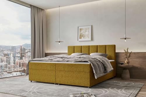 99rooms Bergamo Boxspringbett Doppelbett Ehebett Webstoff Malmo_NEW Gelb 140x200 cm ohne Topper, Bonellfederkern-Matratze 19 cm