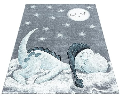 KADIMA DESIGN Kinderteppich Dinosaurier-Motiv Pflegeleicht Bunt Waschbar Strapazierfähig Blau 160x230 cm Kinderzimmer Fußbodenheizung geeignet Schadstoffgeprüft Babyzimmer Oeko-TEX | NOLA