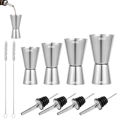 4 Stück Cocktail Messbecher Set aus Edelstahl, Doppelmaß Jigger 3 cl 4 cl 5 cl 6 cl, Barmaß mit 4 Flaschenausgießern und 2 Reinigungsbürsten, für Barkeeper, Home Bar, Partys und Cocktails